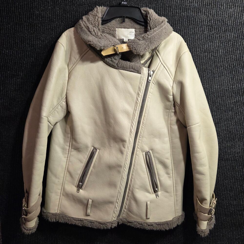 J.O.A. Los Angeles Faux Shearling Y2k Moto Jacket Cream Zip Up Biker Coat Sz L